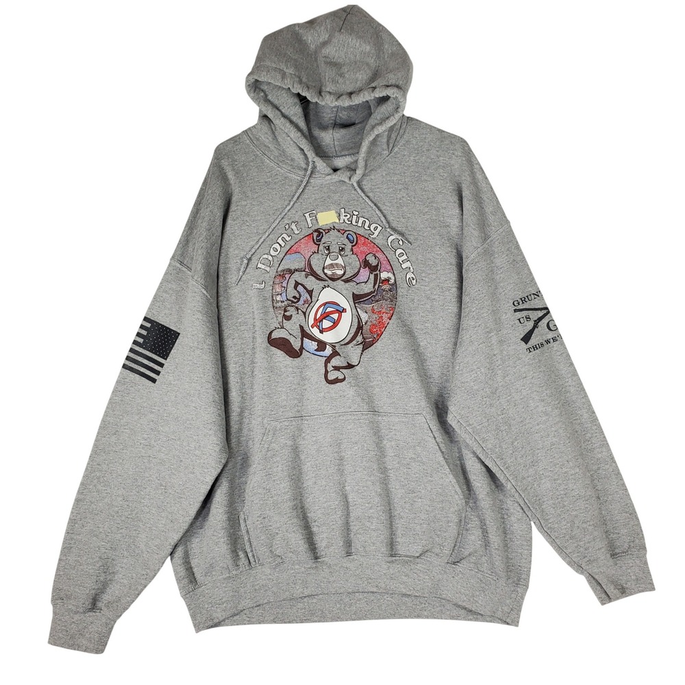 Grunt Style Mens XL Grumpy Bear I Dont Care Hoodie Heather Gray Flag Sleeve